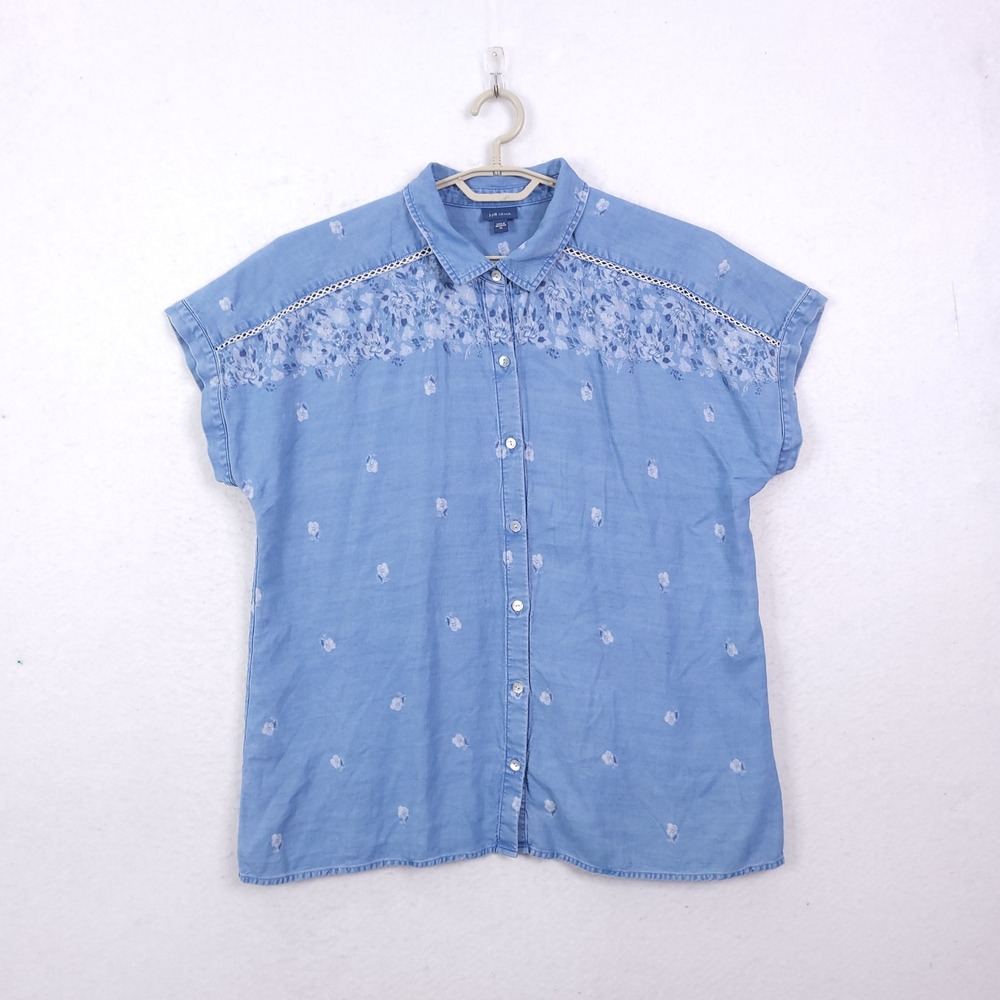 J Jill Denim Shirt Womens XL Blue Floral Chambray Cap Sleeve Casual Coastal